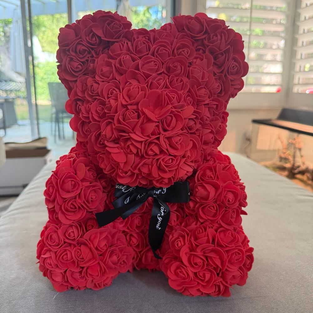 Red Rose Teddy Bear Artificial Foam Rose Bear w/ Gift Box Romantic Decor